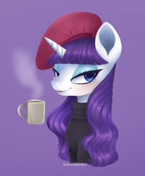 Size: 1497x1818 | Tagged: safe, artist:tomi_ouo, derpibooru import, rarity, pony, unicorn, beatnik rarity, beret, clothes, hat, lidded eyes, mug, purple background, simple background, solo, sweater, turtleneck