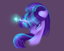 Size: 2371x1884 | Tagged: safe, artist:tomi_ouo, derpibooru import, starlight glimmer, pony, unicorn, bust, ears back, female, glowing, glowing horn, horn, kubrick stare, looking at you, mare, nose wrinkle, purple background, s5 starlight, simple background, solo