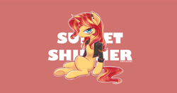 Size: 4096x2160 | Tagged: safe, artist:tomi_ouo, derpibooru import, sunset shimmer, pony, unicorn, clothes, ear piercing, earring, grumpy, jewelry, lidded eyes, piercing, red background, shirt, simple background, solo