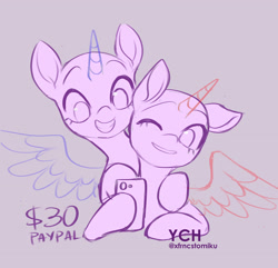 Size: 2243x2160 | Tagged: safe, artist:tomi_ouo, derpibooru import, pony, any race, cellphone, duo, hoof around neck, hoof hold, one eye closed, phone, shipping, smartphone, smiling, ych sketch, your character here