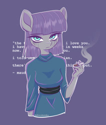 Size: 1832x2160 | Tagged: safe, artist:tomi_ouo, derpibooru import, maud pie, anthro, earth pony, blue background, cigarette, female, makeup, obscured text, running makeup, simple background, smoke, solo, vylet pony