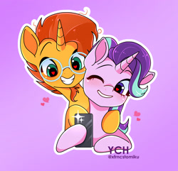 Size: 2243x2160 | Tagged: safe, artist:tomi_ouo, derpibooru import, starlight glimmer, sunburst, pony, unicorn, cellphone, commission, duo, female, heart, heart eyes, hoof around neck, hoof hold, male, one eye closed, outline, phone, shipping, smartphone, smiling, starburst, straight, white outline, wingding eyes, ych example, your character here