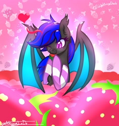 Size: 2633x2796 | Tagged: safe, artist:slightningdash, derpibooru import, oc, oc only, oc:ebony rose, bat pony, pony, bat pony oc, bat wings, clothes, community related, eating, fangs, female, heart, mare, nibbling, nom, socks, spread wings, striped socks, wings