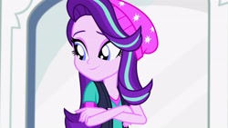 Size: 3410x1920 | Tagged: safe, derpibooru import, screencap, starlight glimmer, equestria girls, mirror magic, spoiler:eqg specials, beanie, crossed arms, female, hat, high res, smiling, solo, statue