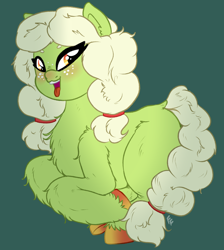 Size: 2590x2889 | Tagged: safe, artist:ponykittenboi, derpibooru exclusive, derpibooru import, granny smith, earth pony, pony, braid, braided tail, colored hooves, cute, female, filly, filly granny smith, foal, freckles, open mouth, signature, simple background, sitting, solo, tail, tongue, tongue out, unshorn fetlocks, young granny smith, younger