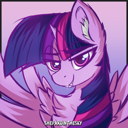 Size: 3000x3000 | Tagged: safe, artist:shepardinthesky, derpibooru import, twilight sparkle, alicorn, art pack:fangs out!, bust, chest fluff, ear fluff, ears, fangs