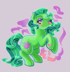 Size: 540x557 | Tagged: safe, artist:maelwife, derpibooru import, oc, oc only, oc:stoney poney, earth pony, pony, g3, bloodshot eyes, blushing, drugs, female, freckles, gray background, heart, joint, mare, marijuana, simple background, smoke, smoking, swirly eyes