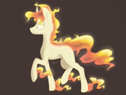 Size: 1857x1403 | Tagged: safe, artist:thelazyponyy, derpibooru import, oc, oc only, pony, unicorn, brown background, female, horn, mane of fire, mare, ponified, raised hoof, raised leg, simple background, solo, unicorn oc