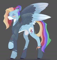 Size: 1752x1843 | Tagged: safe, artist:thelazyponyy, derpibooru import, rainbow dash, pegasus, pony, dark background, female, mare, raised hoof, raised leg, redesign, scar, solo