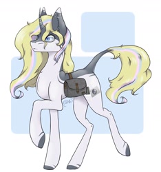 Size: 1690x1802 | Tagged: safe, artist:thelazyponyy, derpibooru import, oc, oc only, pony, unicorn, abstract background, bag, colored hooves, horn, leonine tail, raised hoof, raised leg, saddle bag, solo, tail, unicorn oc