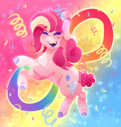 Size: 850x884 | Tagged: safe, artist:thatonefluffs, derpibooru import, pinkie pie, earth pony, pony, autism, confetti, draw this in your style challenge, dtiys, eyes closed, fangs, freckles, gay pride flag, pansexual, pansexual pride flag, ponk, pride, pride flag, redesign, smiling, solo, sparkles