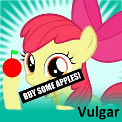 Size: 1024x1024 | Tagged: safe, derpibooru import, apple bloom, earth pony, pony, 1000 hours in ms paint, advertisement, apple, apple bloom's bow, apple branch, bow, buy diapers, buy some apples, derpibooru, fake hooves, food, hair bow, hooves, leaf, meta, meta:vulgar, open mouth, spoilered image joke, червяк