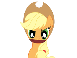 Size: 1024x768 | Tagged: safe, artist:bondagefan216, derpibooru import, edit, applejack, angry, cloth gag, clothes, gag, glare, looking at you, simple background, solo, transparent background