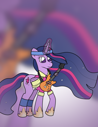 Size: 2550x3309 | Tagged: safe, artist:sparkfler85, derpibooru exclusive, derpibooru import, princess twilight 2.0, twilight sparkle, twilight sparkle (alicorn), alicorn, pony, the last problem, clothes, coronation dress, dress, electric guitar, female, guitar, headband, hoof shoes, musical instrument, older, older twilight, solo