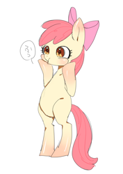 Size: 700x990 | Tagged: safe, artist:nitronic, derpibooru import, apple bloom, earth pony, pony, bipedal, blushing, female, filly, foal, japanese, puffy cheeks, simple background, solo, speech bubble, white background
