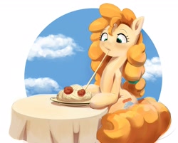 Size: 2579x2070 | Tagged: safe, artist:applephil, derpibooru import, pear butter, earth pony, pony, blushing, eating, female, food, mare, meat, meatball, pasta, ponies eating meat, simple background, solo, spaghetti, table, white background