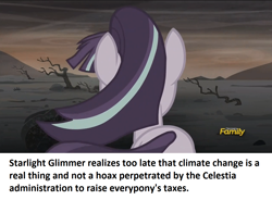 Size: 1272x938 | Tagged: safe, derpibooru import, edit, edited screencap, screencap, starlight glimmer, pony, unicorn, the cutie re-mark, alternate timeline, ashlands timeline, barren, butt, climate change, conspiracy theory, glimmer glutes, global warming, implied genocide, ponestrip, post-apocalyptic, solo, wasteland