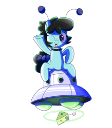 Size: 2000x2294 | Tagged: safe, artist:trackheadtherobopony, derpibooru import, oc, alien, alien pony, cheese, food, implied princess luna, simple background, solo, transparent background, ufo, waving