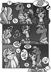 Size: 2480x3508 | Tagged: safe, artist:moonseeker, derpibooru import, big macintosh, sugar belle, sweetie belle, earth pony, pony, unicorn, comic:sweet apple pie, blushing, comic, food, grayscale, magic, monochrome, pie