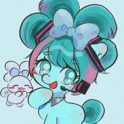 Size: 2048x2048 | Tagged: safe, artist:jellyfish_k_r_g, derpibooru import, earth pony, pony, alternate hairstyle, anime, blue background, blush sticker, blushing, bow, eyebrows, eyebrows visible through hair, female, hair bow, hatsune miku, headset mic, looking at you, mare, necktie, open mouth, ponified, raised hoof, raised leg, simple background, vocaloid