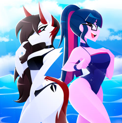 Size: 1997x2014 | Tagged: safe, artist:xan-gelx, derpibooru import, sci-twi, twilight sparkle, anthro, equestria girls, bare shoulders, bikini, clothes, commission, crossover, duo, duo female, female, glasses, helluva boss, looking at someone, loona (helluva boss), one-piece swimsuit, open mouth, open smile, profile, sleeveless, smiling, swimsuit, water, wristband