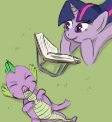 Size: 2217x2400 | Tagged: safe, artist:reashi, derpibooru import, spike, twilight sparkle, unicorn twilight, dragon, pony, unicorn, book, duo, female, grass