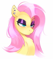 Size: 1151x1298 | Tagged: safe, artist:draw3, derpibooru import, fluttershy, pegasus, pony, bust, chest fluff, ear piercing, earring, eyeshadow, female, fluttergoth, jewelry, lidded eyes, makeup, mare, palindrome get, piercing, simple background, solo, unamused, white background