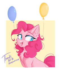 Size: 795x925 | Tagged: safe, artist:thieftea, derpibooru import, pinkie pie, earth pony, pony, balloon, blue eyes, chest fluff, ear fluff, ears, female, mare, open mouth, open smile, pink mane, simple background, smiley face, smiling, solo, text, thanks