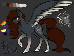 Size: 2224x1668 | Tagged: safe, artist:maplefr0st, derpibooru import, oc, oc:vortex r supercell, pegasus, brown eyes, character concept, clothes, coat, colored, colored wings, colored wingtips, concept art, gay pride, gay pride flag, gray, hooves, lightning, nonbinary, pride, pride flag, storm, supercell, tied hair, tornado, twister, weather, wings