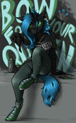 Size: 1200x1950 | Tagged: safe, artist:sinrar, derpibooru import, queen chrysalis, anthro, changeling, changeling queen, unguligrade anthro, clothes, female, hoof shoes, jewelry, necklace, pants, shirt, solo, spray can, spray paint, t-shirt, thumbs down