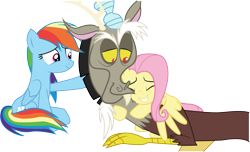 Size: 2383x1451 | Tagged: safe, artist:littlecl0ud, derpibooru import, discord, fluttershy, rainbow dash, draconequus, pegasus, pony, season 9, the beginning of the end, spoiler:s09, cute, dashabetes, discute, female, happy, hug, male, mare, shyabetes, simple background, smiling, transparent background, trio, vector