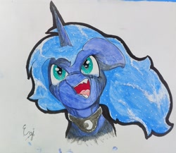 Size: 1993x1729 | Tagged: safe, artist:engi, derpibooru import, princess luna, alicorn, pony, angry, crying, ethereal mane, open mouth, sharp teeth, starry mane, tears of pain, teeth, traditional art, watercolor painting