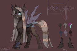 Size: 1500x1000 | Tagged: safe, artist:jedayskayvoker, derpibooru import, oc, oc only, oc:n0cturn3, changeling, changeling queen, brown background, changeling queen oc, ear piercing, fangs, heterochromia, male, piercing, reference sheet, simple background, solo, white changeling