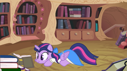 Size: 2073x1163 | Tagged: safe, artist:blanishna, artist:sirius-writer, derpibooru import, twilight sparkle, twilight sparkle (alicorn), alicorn, pony, alternate hairstyle, apron, beauty and the beast, belle, book, clothes, disney, dress, female, golden oaks library, mare, shirt