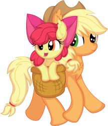 Size: 5970x6952 | Tagged: safe, artist:cyanlightning, derpibooru import, apple bloom, applejack, earth pony, pony, .svg available, absurd resolution, bow, chest fluff, duo, ear fluff, ears, female, filly, floppy ears, foal, hat, mare, package, simple background, smiling, transparent background, vector