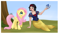 Size: 3205x1871 | Tagged: safe, artist:luciekj, derpibooru import, fluttershy, bird, human, pegasus, pony, 2014, crossover, disney, disney princess, female, mare, snow white, snow white and the seven dwarfs