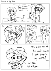 Size: 2250x3130 | Tagged: safe, artist:tjpones, derpibooru import, sci-twi, sunset shimmer, twilight sparkle, human, comic:friends in high places, equestria girls, bed, black and white, cellphone, comic, dialogue, duo, duo female, female, grayscale, high res, lesbian, monochrome, phone, scitwishimmer, shipping, simple background, smartphone, sunsetsparkle, white background, wholesome