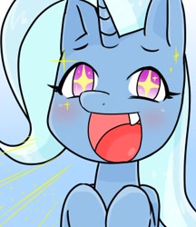 Size: 320x370 | Tagged: safe, artist:batipin, derpibooru import, trixie, pony, unicorn, :d, blushing, cute, cute little fangs, fangs, open mouth, open smile, smiling, solo, starry eyes, wingding eyes