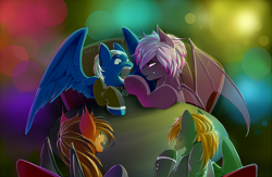 Size: 1400x910 | Tagged: safe, artist:skyeypony, derpibooru import, oc, oc only, oc:mark wells, oc:penumbra (goldfur), oc:steady flight, bat pony, pegasus, pony, fanfic:off the mark, fanfic art, open mouth, spread wings, wings