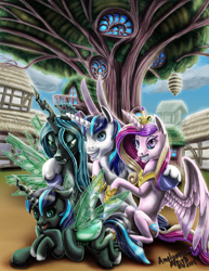 Size: 1200x1553 | Tagged: safe, artist:amalgamzaku, derpibooru import, princess cadance, queen chrysalis, shining armor, oc, alicorn, changeling, changeling queen, pony, unicorn, fanfic:off the mark, bisexual, chrysarmordance, female, group photo, lesbian, male, outdoors, parent:queen chrysalis, parent:shining armor, polyamory, shipping, straight, tree