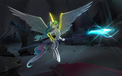 Size: 1200x752 | Tagged: artist needed, safe, derpibooru import, oc, oc:mark wells, alicorn, anthro, fanfic:off the mark, glowing, glowing horn, horn, not celestia, solo, spread wings, staff, staff of sacanas, wings