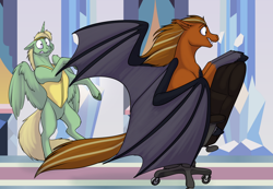 Size: 1200x831 | Tagged: safe, artist:foxenawolf, derpibooru import, oc, oc only, oc:mark wells, oc:penumbra (goldfur), alicorn, bat pony, pony, fanfic:off the mark, chair, female, male, mare, stallion, wings