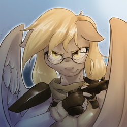 Size: 1500x1500 | Tagged: safe, artist:darksittich, derpibooru import, oc, oc only, anthro, pegasus, ears, floppy ears, freckles, glasses, gun, handgun, pistol, solo, weapon