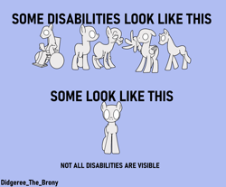 Size: 1482x1229 | Tagged: safe, artist:didgereethebrony, derpibooru import, earth pony, pegasus, pony, unicorn, amputee, autism, autism spectrum disorder, broken horn, broken wing, disabled, elderly, emotionless eyes, horn, mental disability, mental illness, wheelchair, wings