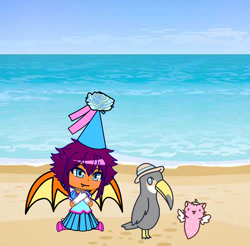 Size: 1151x1134 | Tagged: safe, artist:darlycatmake, derpibooru import, smolder, bird, cat, toucan, :3, amazed, beach, clothes, cute, dress, froufrou glittery lacy outfit, gacha life, gloves, happy, hat, hennin, long gloves, princess, princess smolder, smiling, smolderbetes, wings