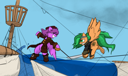 Size: 5000x3000 | Tagged: safe, artist:captainhoers, artist:stormwing, color edit, derpibooru import, edit, oc, oc only, oc:atom smasher, oc:high flyer, pegasus, pony, clothes, colored, longcoat, ocean, pirate, pirate ship, ship, swashbuckling, sword, sword fight, water, weapon