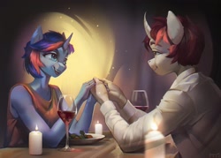 Size: 2048x1469 | Tagged: safe, artist:annna markarova, derpibooru import, oc, anthro, pony, unicorn, alcohol, anthro oc, candle, digital art, romantic, wedding ring, wine