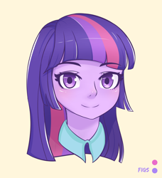 Size: 2324x2550 | Tagged: safe, artist:figs, derpibooru import, twilight sparkle, twilight sparkle (alicorn), alicorn, human, equestria girls, bust, eyebrows, eyebrows visible through hair, female, high res, humanized, looking at you, portrait, signature, simple background, smiling, smiling at you, solo, yellow background