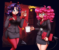 Size: 1280x1091 | Tagged: safe, artist:king-kakapo, derpibooru import, pinkie pie, rarity, human, book, breasts, clipboard, clothes, coffee, coffee mug, commission, crossover, dress, duo, duo female, female, glasses, helltaker, horns, humanized, modeus (helltaker), mug, pandemonica (helltaker), pinkie pies, raritits, side slit, tail