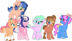 Size: 1707x982 | Tagged: safe, artist:rainbowrocksadopts, derpibooru import, oc, oc only, dracony, earth pony, hybrid, pegasus, pony, unicorn, amputee, bandana, bow, bracelet, coat markings, female, freckles, hair bow, interspecies offspring, jewelry, mare, offspring, parent:applejack, parent:big macintosh, parent:caramel, parent:flash sentry, parent:fluttershy, parent:pinkie pie, parent:pokey pierce, parent:rainbow dash, parent:rarity, parent:soarin', parent:spike, parent:twilight sparkle, parents:carajack, parents:flashlight, parents:fluttermac, parents:pokeypie, parents:soarindash, parents:sparity, prosthetic leg, prosthetic limb, prosthetics, simple background, smiling, socks (coat marking), tail, tail bow, tiara, tongue, tongue out, transparent background, unnamed oc